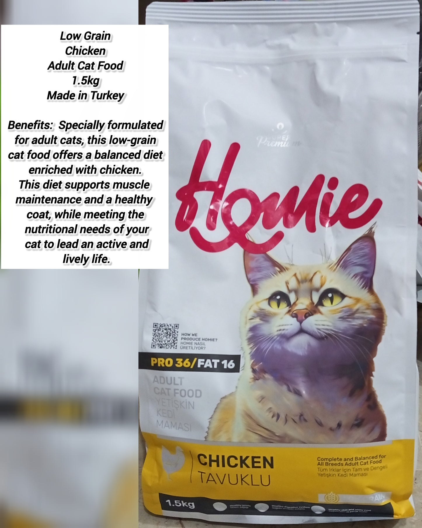 Homie Super Premium Adult Cat Food Chicken 36/16 – Low Grain 1.5kg